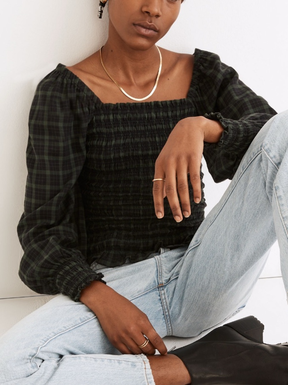 Madewell Lucie Bubble-Sleeve Smocked Top in Plaid Medium